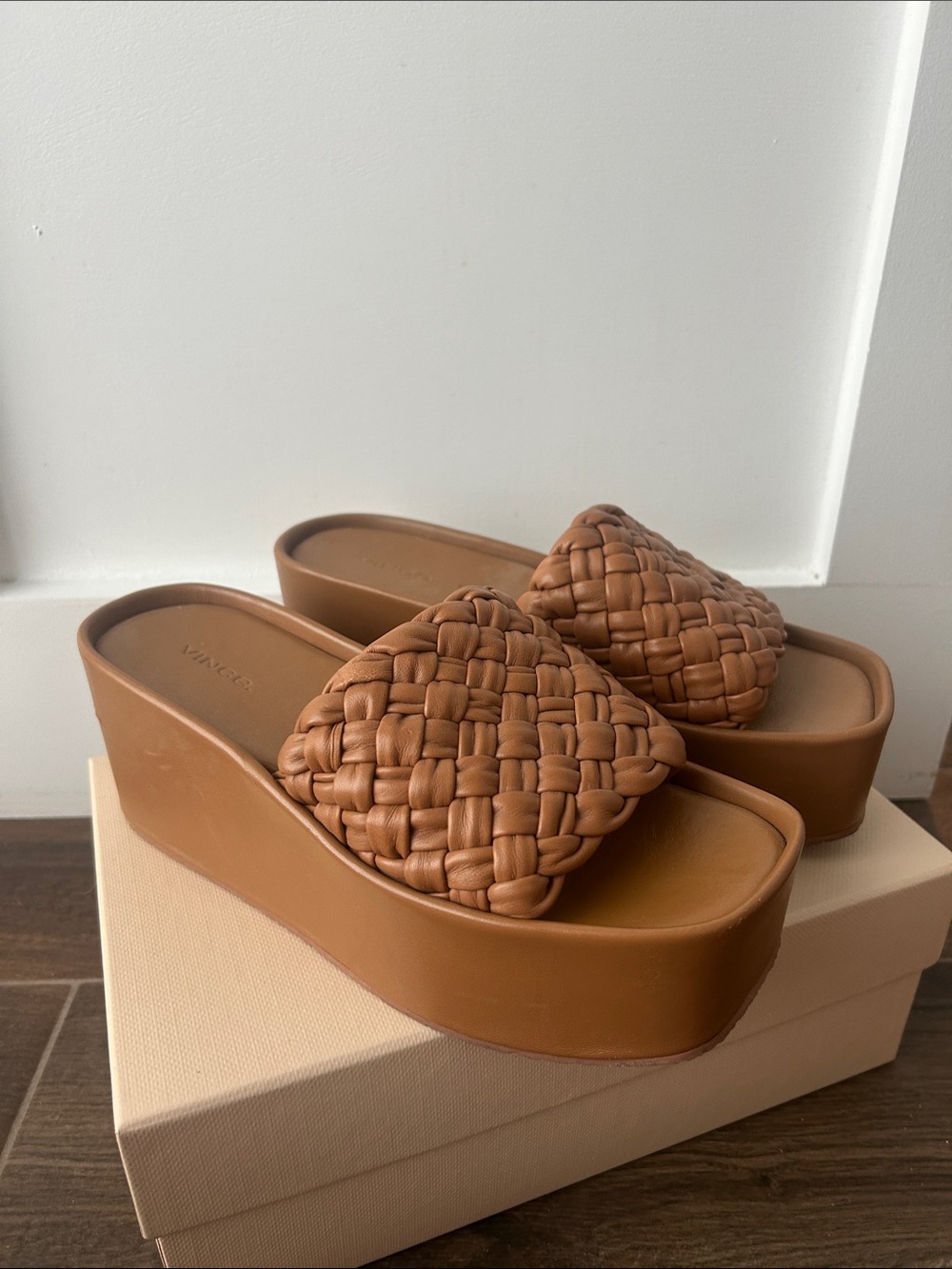 Vince Cognac Woven Leather Wedge Slides
